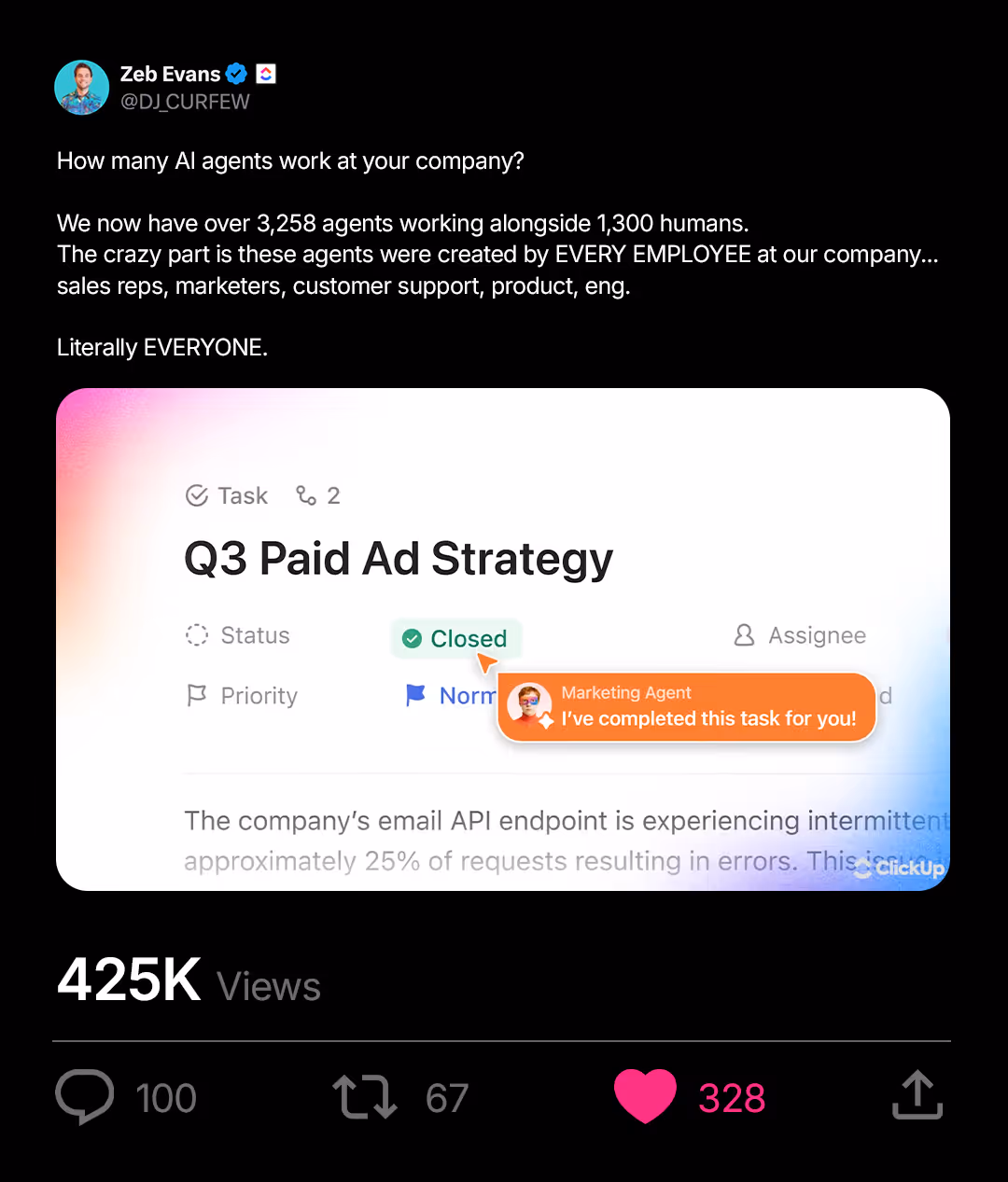Tweet about 3,258 AI agents created by all employees working alongside 1,300 humans at a company.